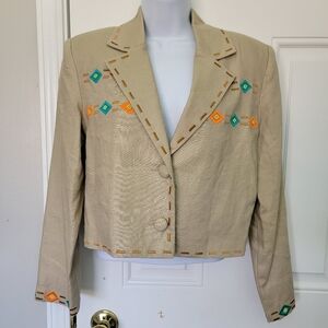 Adam Douglass Adrianna Papell 100% Linen Embroidered Southwest Women's Jacket S